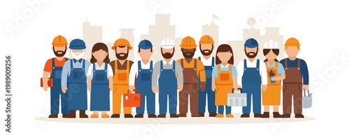 Diverse Group of Construction Workers Standing Together in Unity.