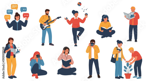 Diverse group of people engaged in various activities and hobbies.