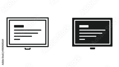 Two computer monitors with sample text on screens in black and white isolated on white background