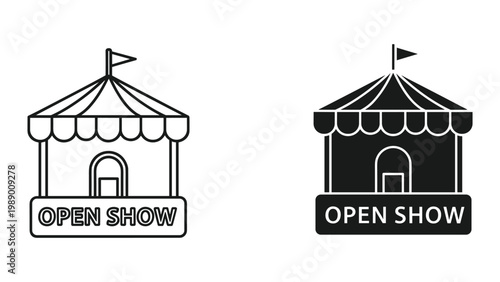 Two black and white icons of circus tents with open show signs on white background
