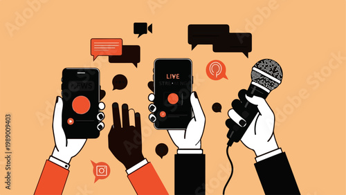 Hands Holding Smartphones and a Microphone for Live Streaming and Social Media.