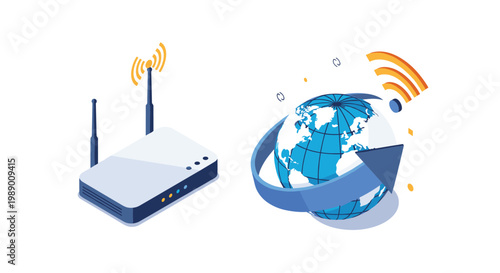 Wireless internet connectivity concept showing a powerful wifi router next to a global earth icon with signal transmission waves.