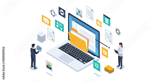 Digital asset management on a laptop with people and various media file icons floating around a central computer interface.