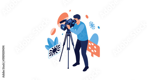 Professional videographer filming with a high end movie camera on a tripod for broadcast production and cinema projects.