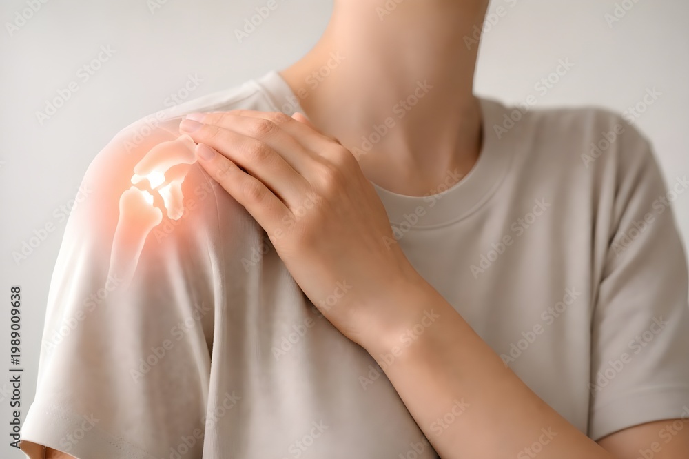 Naklejka premium Man touching painful shoulder with glowing joint inflammation icon healthcare concept 