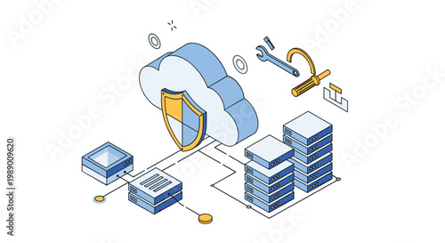 Cloud computing security concept featuring a protected cloud server system with an orange shield and maintenance tools icons.