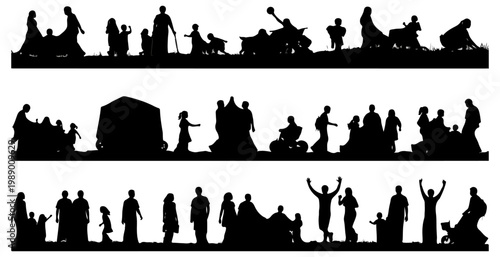 Silhouettes of people depicting human struggle migration and community.