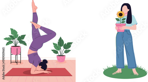 Faceless woman performing advanced yoga headstand pose on mat near houseplants and woman holding sunflower pot flat vector illustration set isolated on white background.
