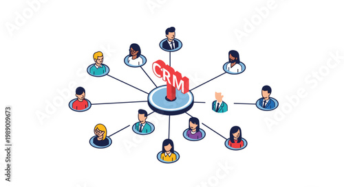 Customer relationship management concept showing a central CRM hub connected to various diverse user profiles in a network.
