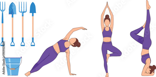Faceless woman in purple sportswear performing yoga poses alongside blue gardening tools like shovels forks and bucket flat vector illustration set isolated on white background.
