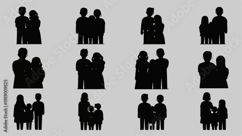 Family silhouettes representing togetherness and love in various poses.