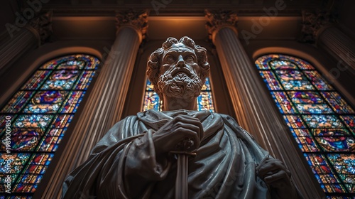 Saint Peter depicted as a central pillar figure holding keys downward symbolizing grounded authority and responsibility + symmetrical stained glass panels rising vertically to reinforce strength and s