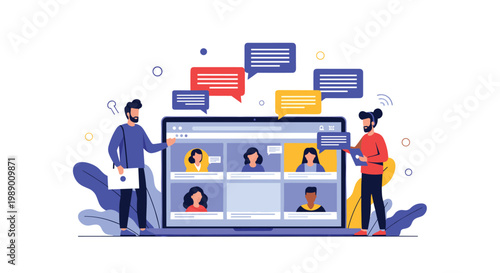 Online video conferencing concept showing diverse participants on a laptop screen with message bubbles and people icons.