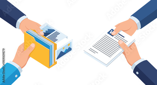 Professional exchange of documents and files between two people representing business collaboration and data sharing.