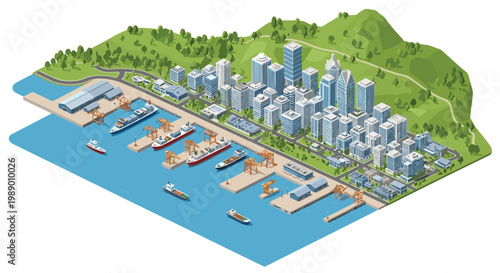 Detailed isometric illustration of a major coastal industrial port with cargo ships, cranes, and a modern city skyline.