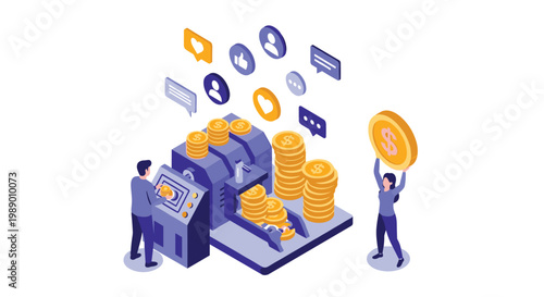 Social media monetization concept showing a machine converting engagement icons like hearts and thumbs up into gold coins.