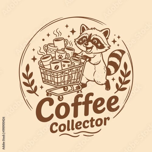 Raccoon holding coffee shopping cart.