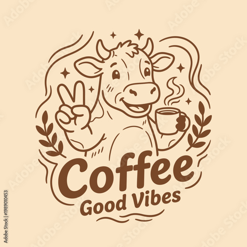 Smiling cow with coffee cup.