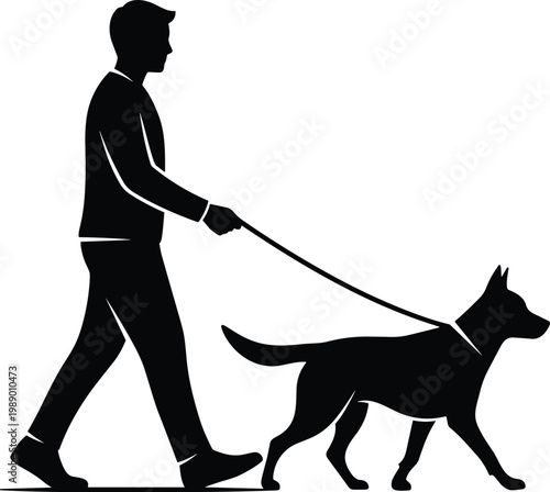 Man walks dog on leash silhouette.