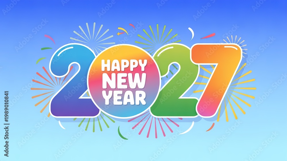 Naklejka premium Vibrant Gradient 2027 New Year Greeting with Bursting Fireworks and Confetti for Festive Cards Social Media Banners and Holiday Promotions on Soft Blue Background