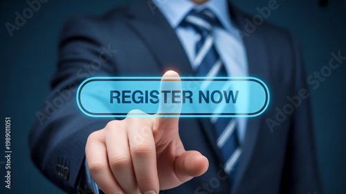 A businessmans hand points to a glowing register now button on a digital interface