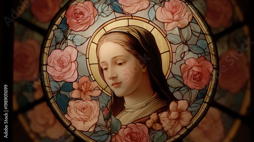 Saint Thérèse framed within a circular arrangement of roses symbolizing spiritual completeness + abstract stained glass composition forming a halo-like structure with floral geometry + gentle radiant 