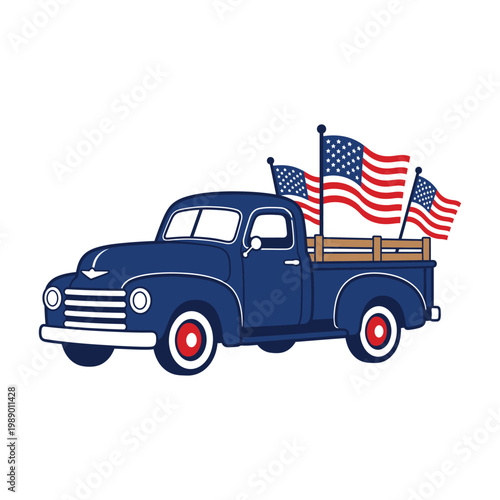A classic blue pickup truck carrying multiple American flags, designed in a clean vector style perfect for Independence Day promotions, posters, and patriotic branding.