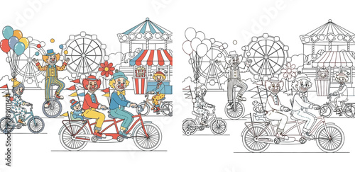 Funny Clowns Riding Tandem Bicycle and Unicycle at Amusement Park Carnival - Colored and Line Art Coloring Page Illustration for Kids