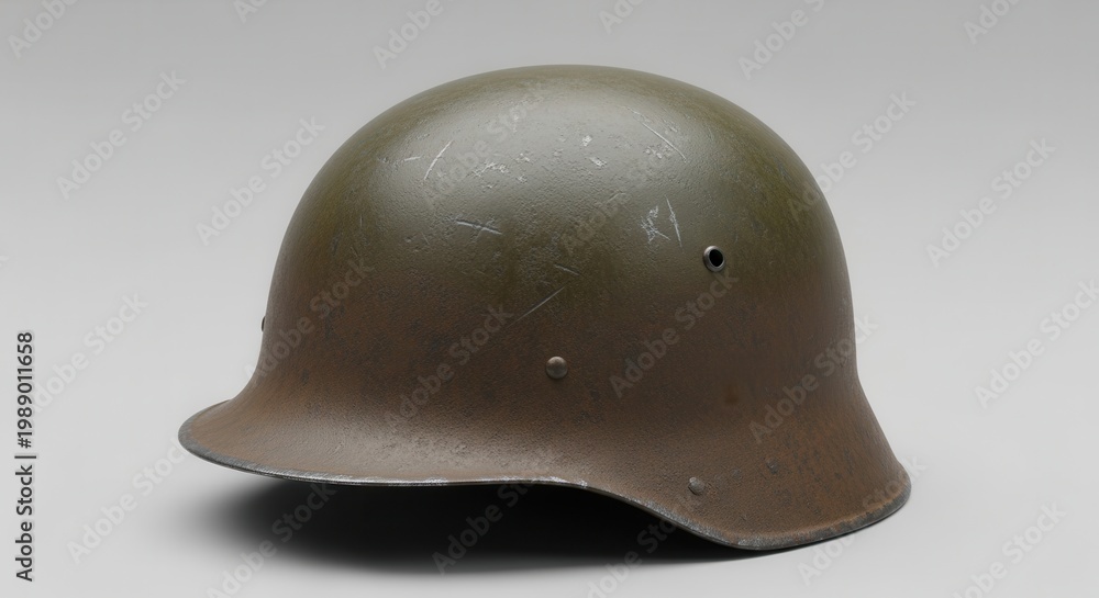 Fototapeta premium Weathered Military Helmet on a Neutral Background Highlighting Historic Defense Gear Aesthetic