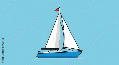 Modern flat design illustration of a vibrant blue sailboat with white sails on a serene light blue