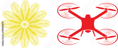 Red quadcopter drone with spinning propellers beside golden palm leaf design, tropical technology vector illustration isolated on clean background