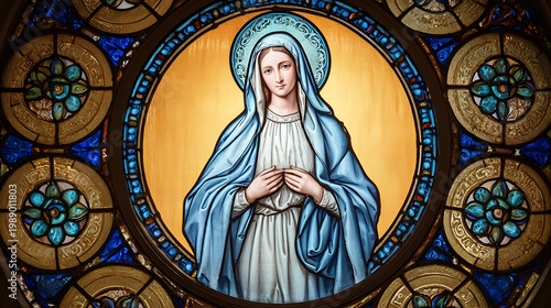 Virgin Mary holding a calm and compassionate posture with hands positioned in a gesture of blessing and care + circular stained glass motifs surrounding her forming a harmonious visual halo + luminous