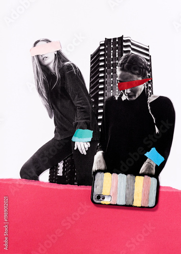 Analog collage of two women scaled to be the same size as a skyscraper