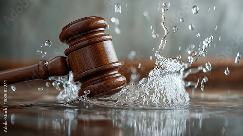 A wooden gavel splashes into water creating a dramatic scene.