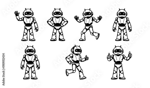A set of seven cartoon robots in various poses on a white background