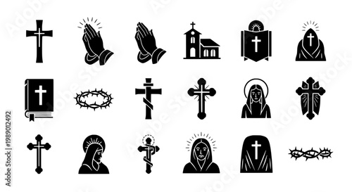 Crosses religious icon set with praying hands and holy symbols in black silhouette style for Christian faith and worship