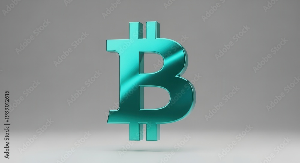 Obraz premium Sleek turquoise metallic bitcoin symbol on a neutral background representing digital currency and