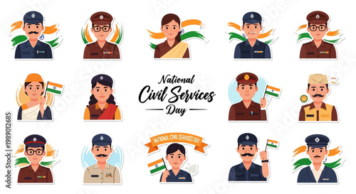 Diverse civil service officers from India are featured in a vector illustration, showcasing various uniforms and roles against a clean background, promoting public administration