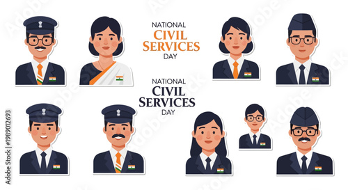 Against a clean white background, a vector illustration showcases diverse Indian civil service officers with a flat design style and warm tones, symbolizing governance and public