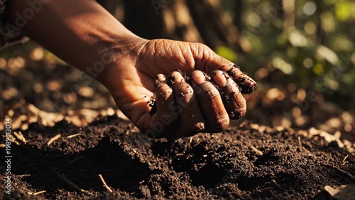 Weathered brown hand digging dark soil in warm outdoor light, showing rough skin texture and careful gardening action