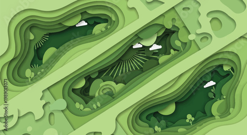 Vibrant layered paper art celebrating Earth day, a beautiful landscape illustration for global Earth protection