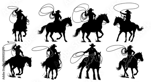 Cowboys riding horses with lassos in various poses and actions in black silhouette featuring cowboy, horse, lasso with vector and illustration