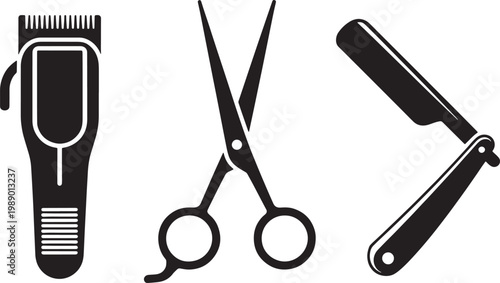 Black and white of barber clippers scissors and straight razor shaving