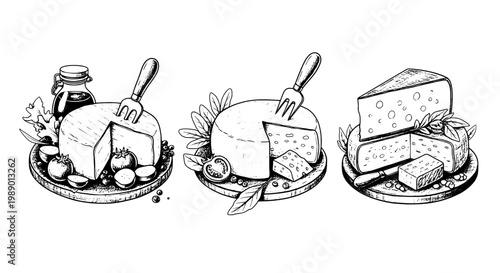 Cheese plates set with gourmet food and cutlery on wooden boards, illustrated in black and white line art style