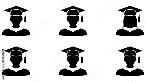 Collection of six black silhouette icons representing male and female graduates in caps and gowns.