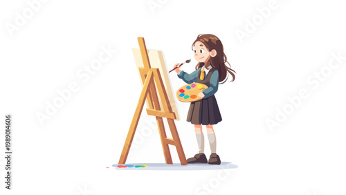 Young girl with a brush and palette painting on an easel, creating art with skill and creativity