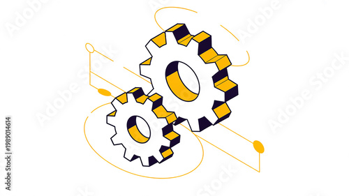 A minimalist isometric illustration of two interlocking gears in white and navy blue colors