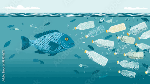 Marine life confronts plastic pollution in a polluted ocean ecosystem concept