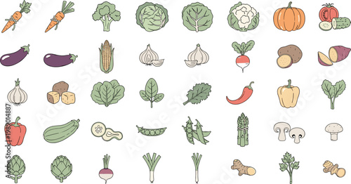 Assortment of fresh healthy vegetables and produce, simple line art drawings, vibrant colors, clean design, white background.