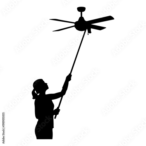 Woman Cleaning Ceiling Fan with Duster Stick Vector Illustration